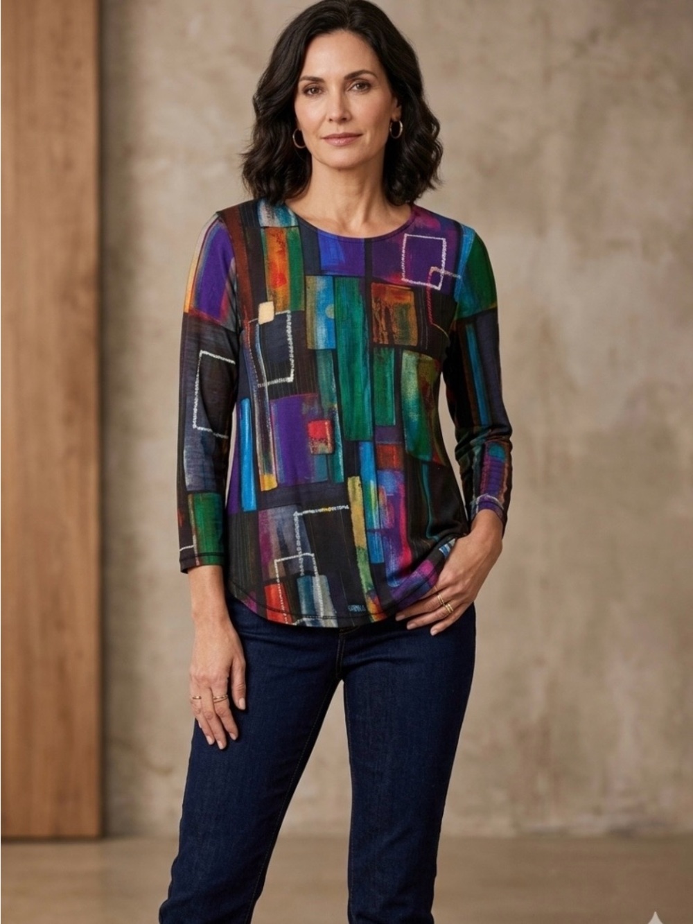 Women's Black Multicolor Geometric Long Sleeve Top